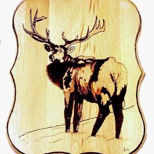 ELK WITH RACK WOODBURNING, SIGNED, HAND DONE, THICK PINE, ONE OF A KIND,